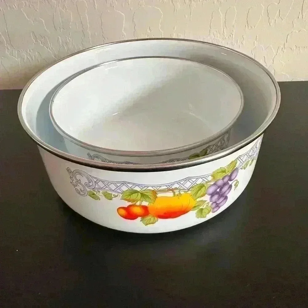 Vintage Metal Enamel Kitchen Storage Bowls Stacking With Vegetable Print